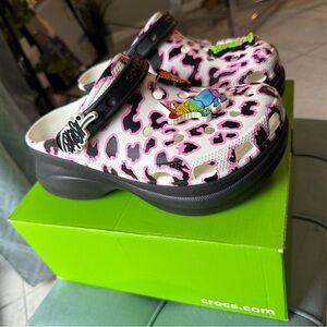 CROCS Pink and Black leopard platforms